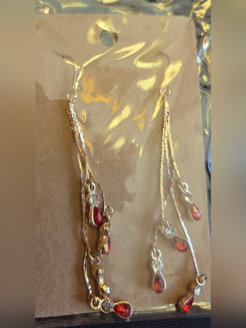 Gold-Tone Drop Earrings with Red Teardrop Stones